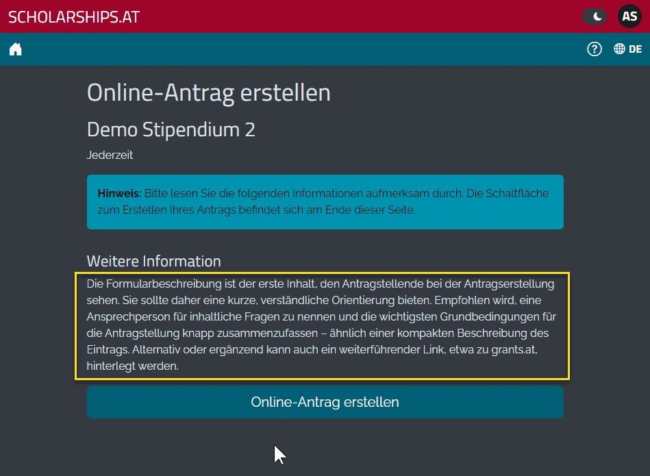 Formularbeschreibung bei der Antragstellung Formularbeschreibung bei der Antragstellung