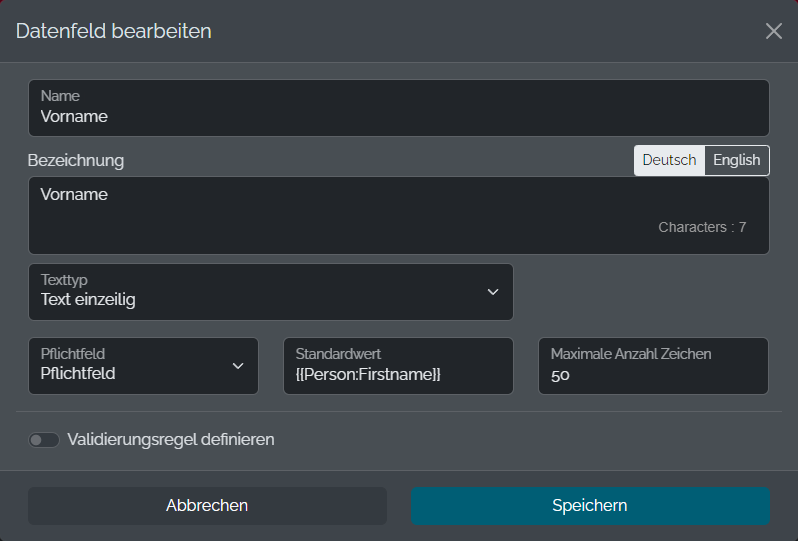 Textfeld einzeilig &ndash; Konfiguration