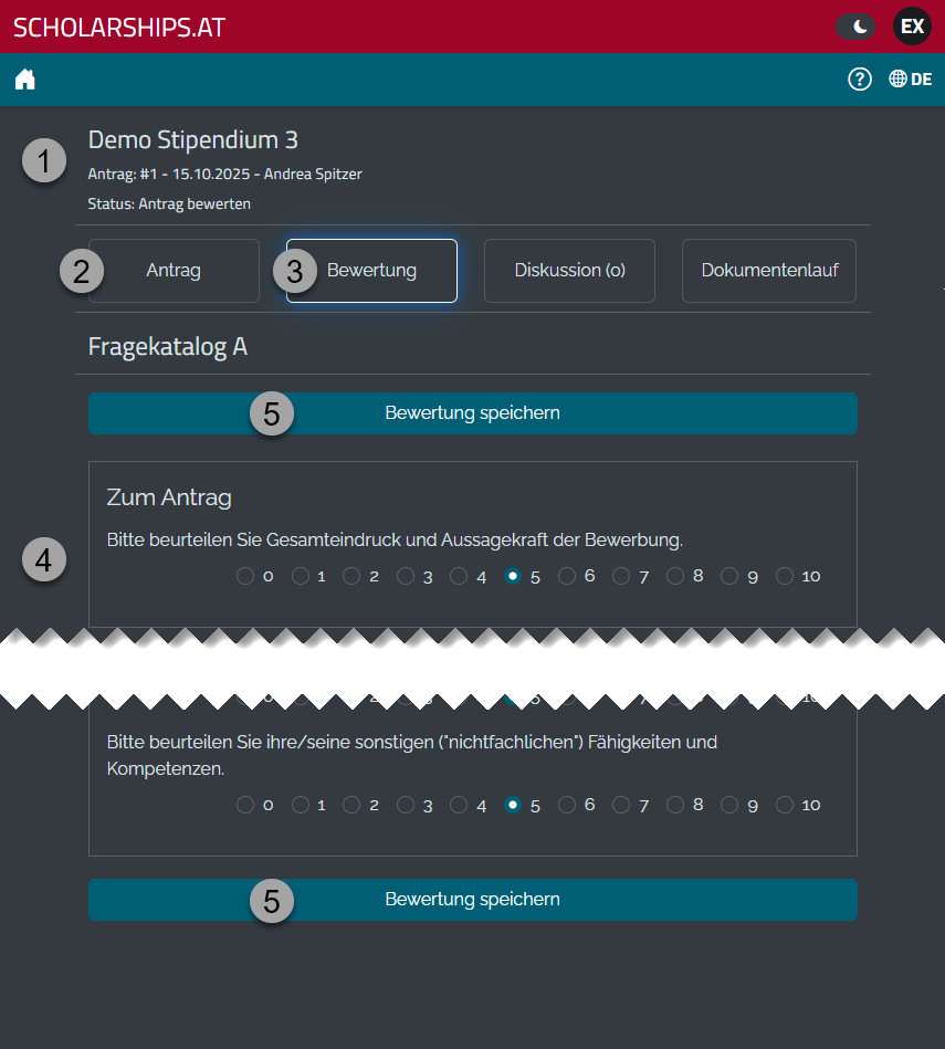Detailansicht eines Antrags mit Kopfzeile, Tabs, Fragen und Speichern-Schaltfl&auml;che