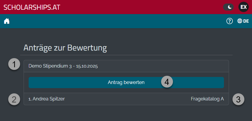 Liste mit zu bewertendem Antrag und markierten Elementen