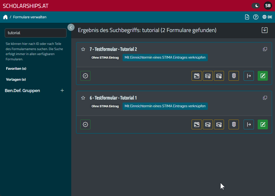 Suche in der Formularverwaltung